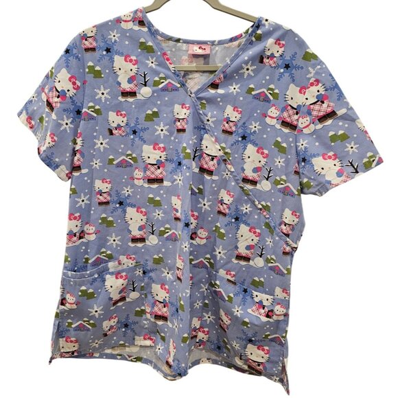 Sanrio Hello Kitty Scrubs Top Nurse Snowman Snowflake Winter Blue SEE DESCRIPT - Picture 1 of 10